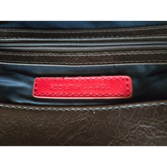 Tommy Hilfiger Monogram Tote Bag Brown Leather & Blue Pattern 13"x13"x4.5" - Picture 10 of 13